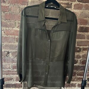 Zara Olive Green Sheer Button-Up Blouse